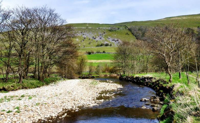 View of the River Wharf with tree bordered banks, against a hilly background in the Yorkshire Dales, England.