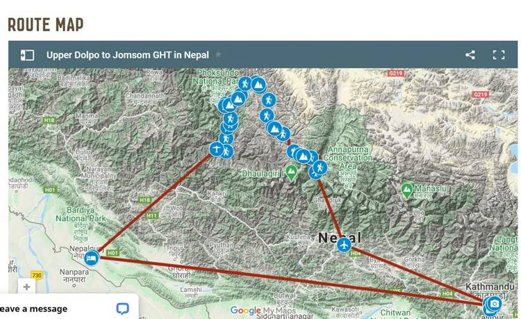 Google map of Upper Dolpo to Jomsom trek in Nepal