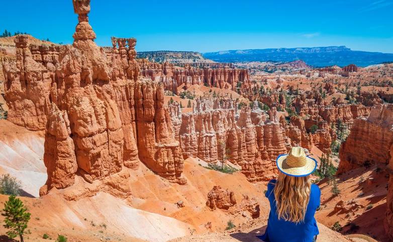Young woman travels Bryce Canyon national park in Utah, United States, people travel explore nature. Bryce is a collection o…