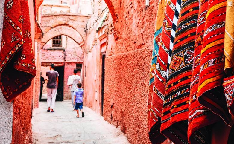 colorful street of marrakech medina, morocco