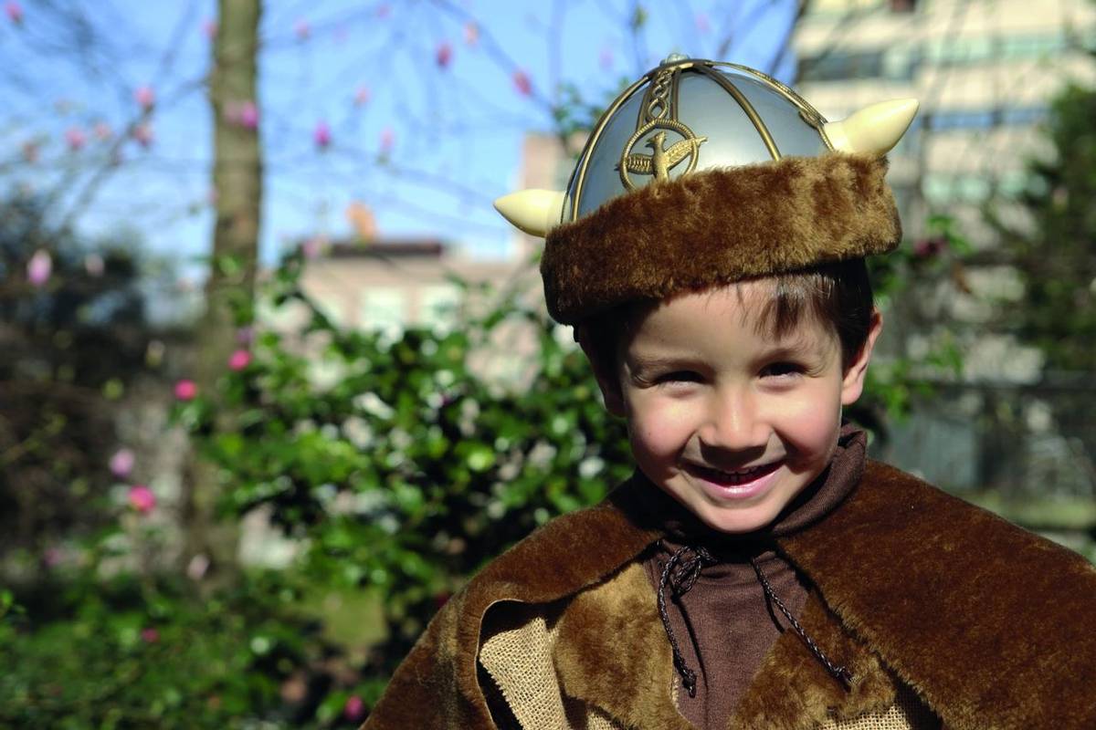 happy little kid with a Viking costume in carnival