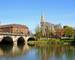 The English Bridge across the River Severn with United Reformed Church to the right hand side, Shrewsbury, Shropshire, Engla…
