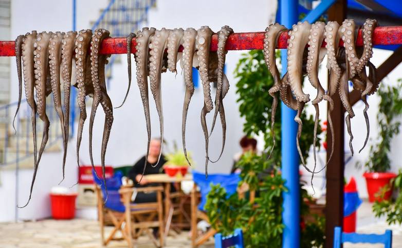 Greek taverna restaurant with calamari sea food displayed in the sun for roasting