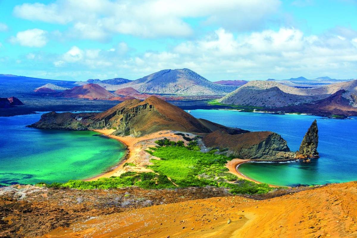 View of two beaches on Bartolome Island in the Galapagos Islands in Ecuador