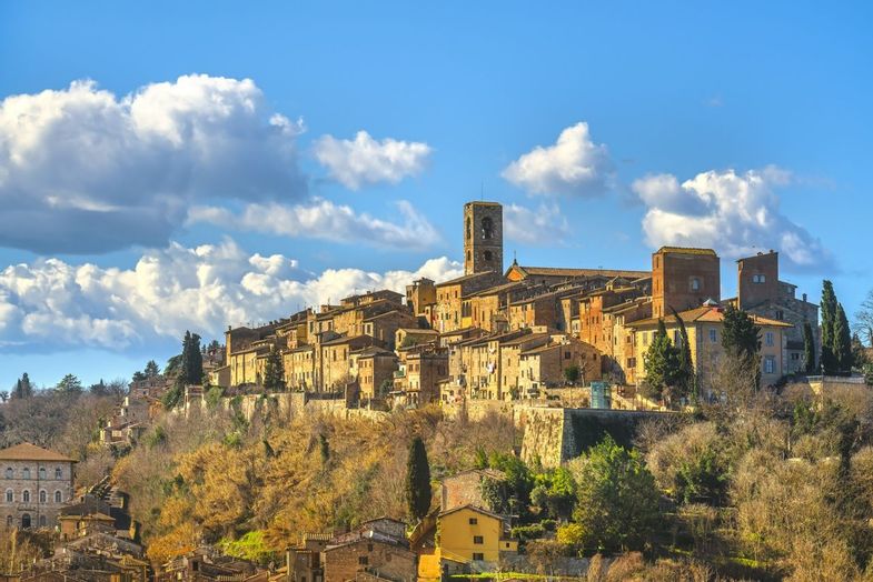 Colle Val d'Elsa town skyline, church and panoramic view. City of crystal glass. Siena, Tuscany, Italy.