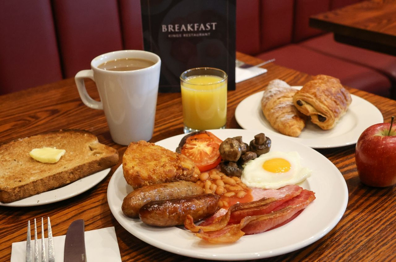 Top view of full English hotel breakfast in The Kings Restaurant