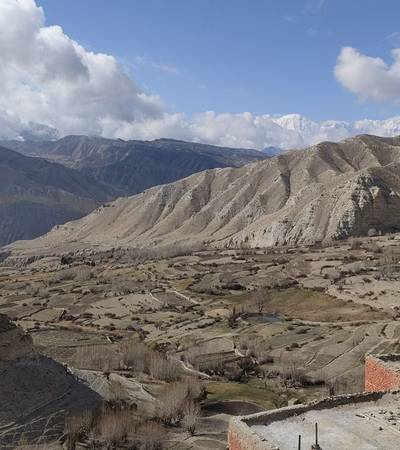 View of Nilgiri and Annapurnas from the old Gompa above Ghiling village