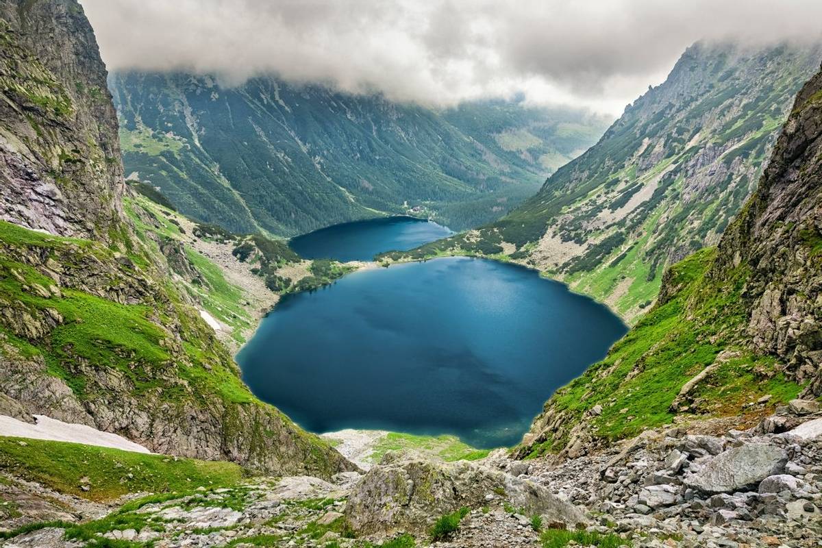 Czarny Staw pod Rysami (Black Lake below Mount Rysy) and Morskie Oko lakes in Tatra Mountains, Poland