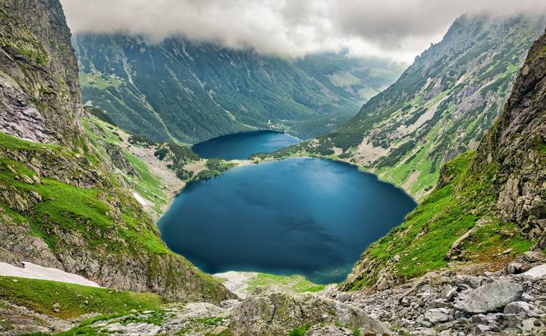 Czarny Staw pod Rysami (Black Lake below Mount Rysy) and Morskie Oko lakes in Tatra Mountains, Poland