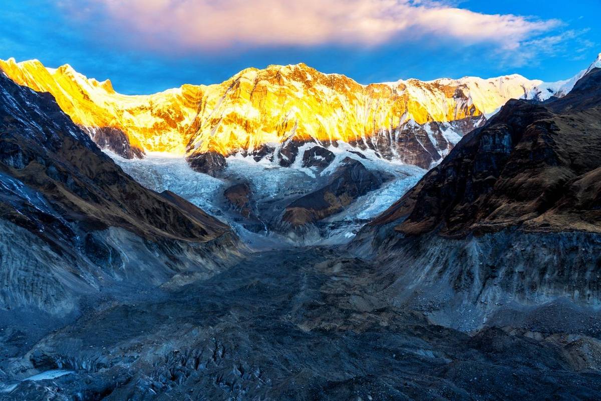 Morning view of Mount Annapurna I from Annapurna base camp, round Annapurna circuit trekking trail, Nepal