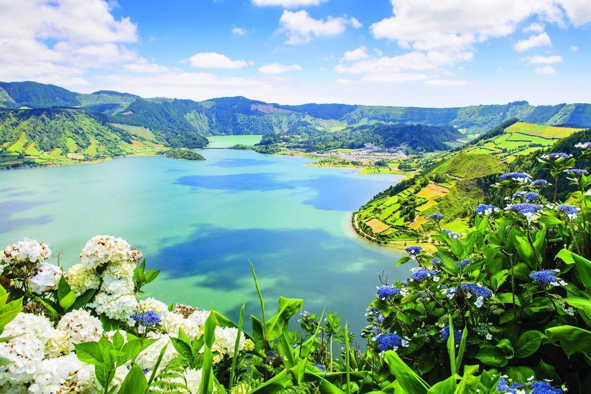 Lake of Sete Cidades with hortensia's, Azores