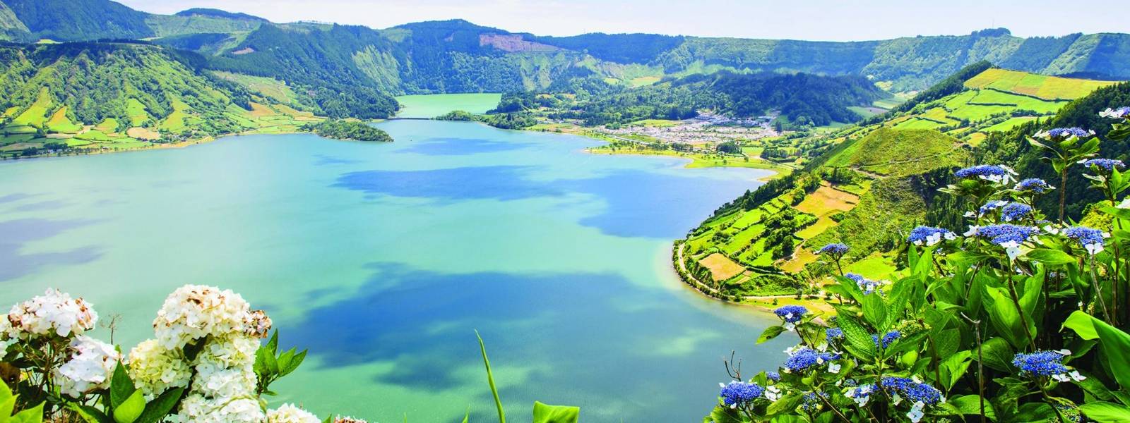 Lake of Sete Cidades with hortensia's, Azores