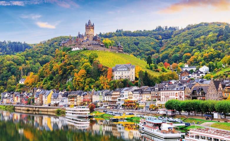 Cochem, Germany. Old town and the Cochem (Reichsburg) castle on the Moselle river.