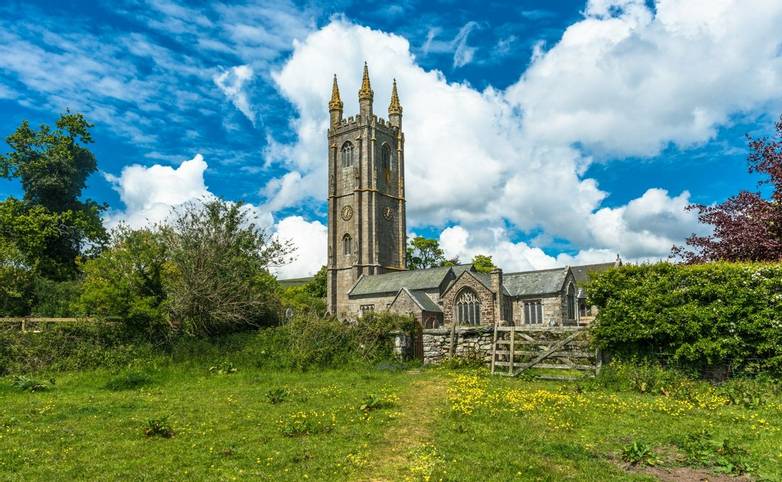 St Pancras Church at Widecombe in the Moor village in Dartmoor National park, Devon, England, UK.