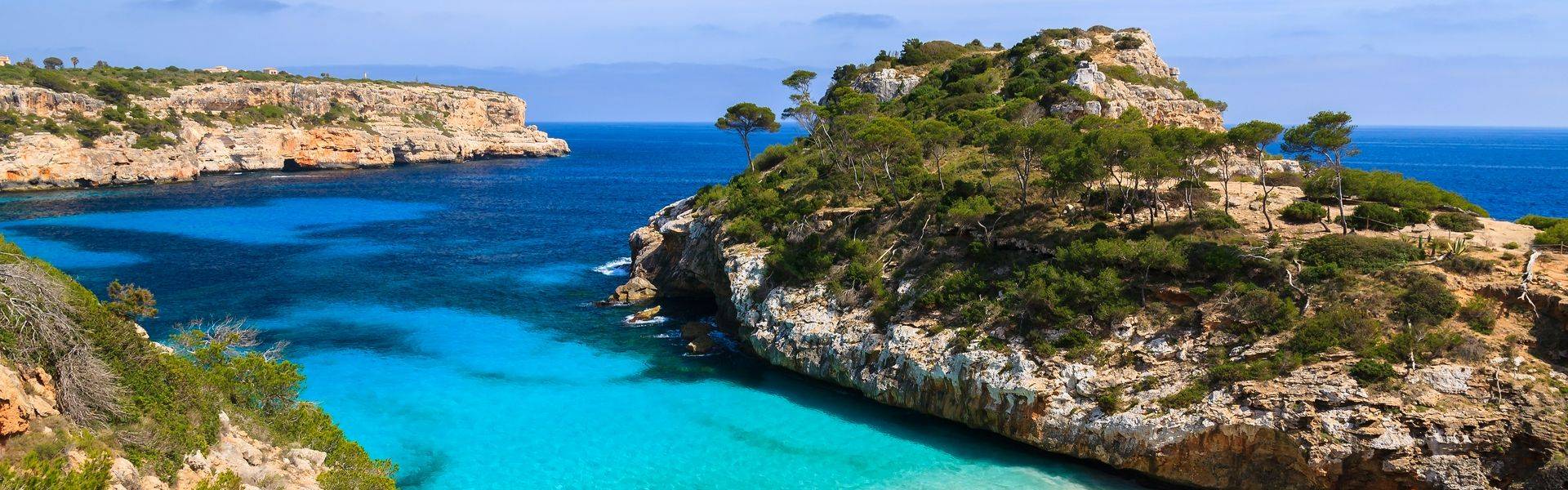 View of Cala des Moro beach and its azure blue water, Majorca island, Spain