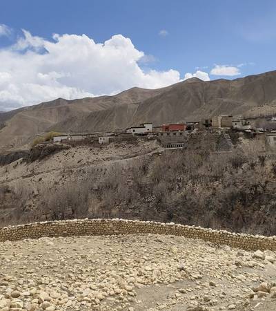 Looking back to Ghami village on the trail to Dhakmar