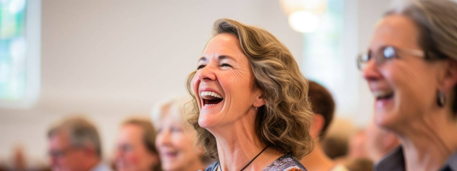Caucasian woman singing in the church. Gospel singer singing. Joyful devotion, faith and belief in God religion concept.