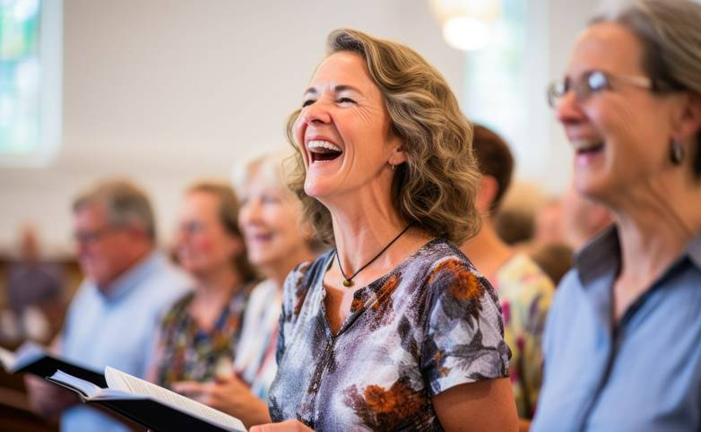 Caucasian woman singing in the church. Gospel singer singing. Joyful devotion, faith and belief in God religion concept.