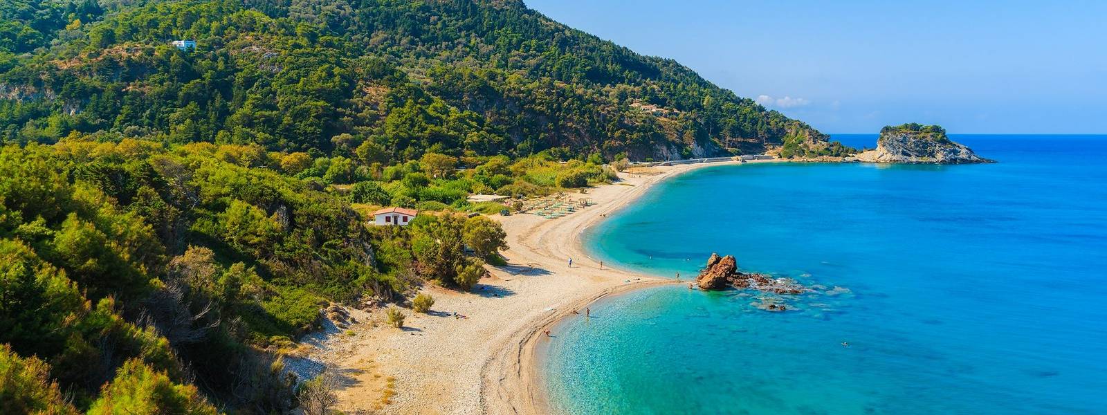 A view of Potami beach with azure sea water, Samos island, Greece