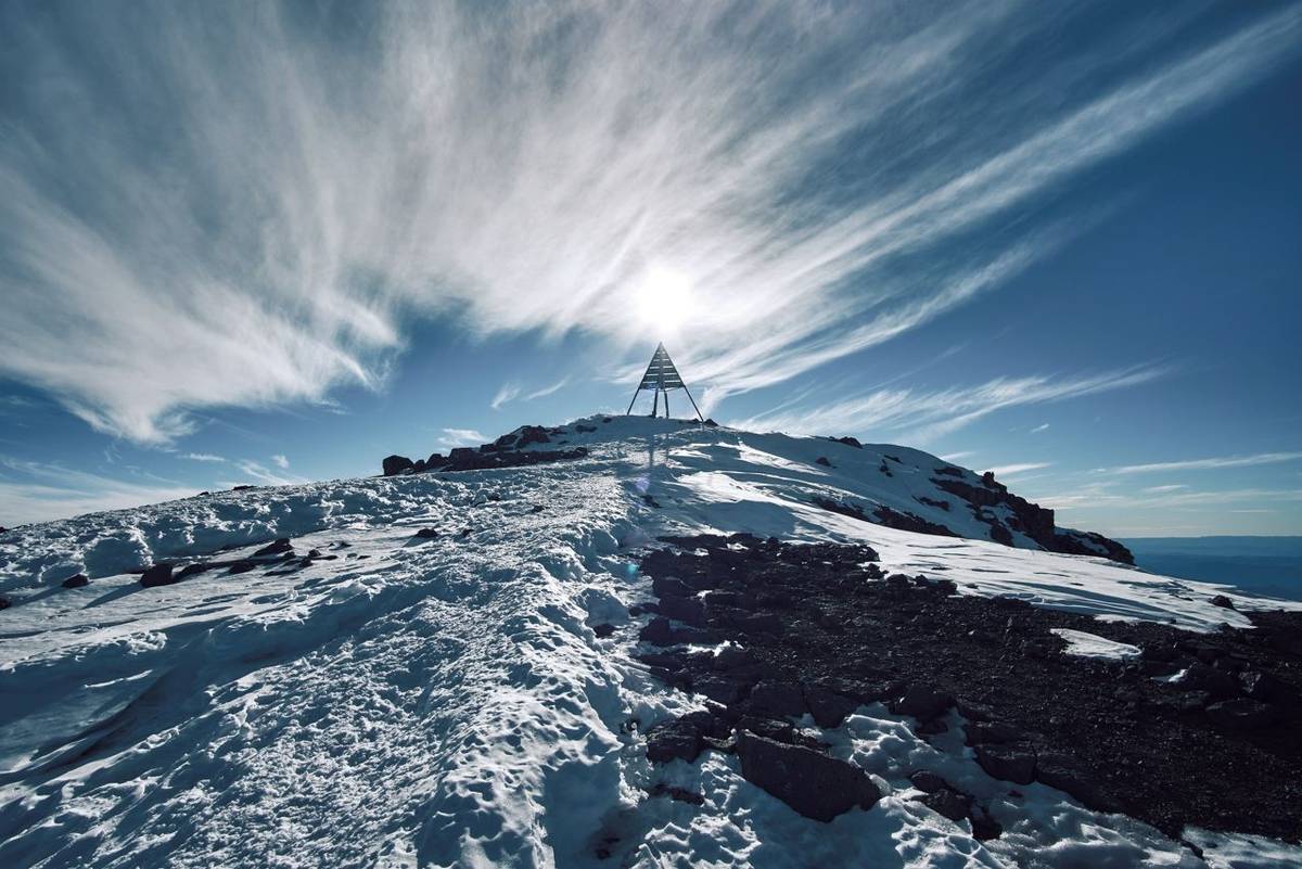 View of the peak pyramid of Jebel Toubkal in Atlas mountains Morocoo on the sunny day