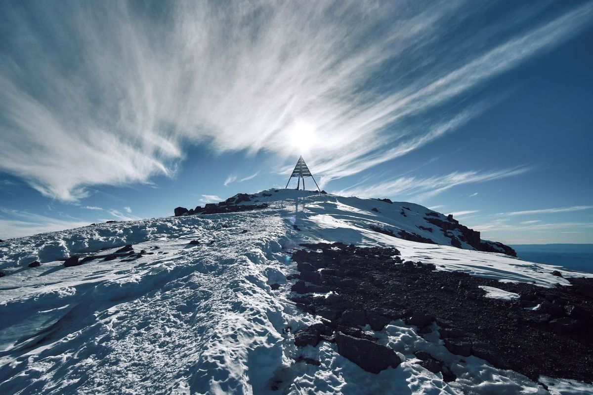View of the peak pyramid of Jebel Toubkal in Atlas mountains Morocoo on the sunny day
