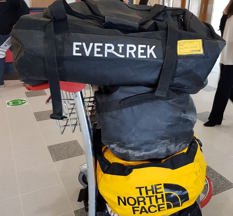 Duffel bags at Kathmandu airport ready for Everest Base Camp trek