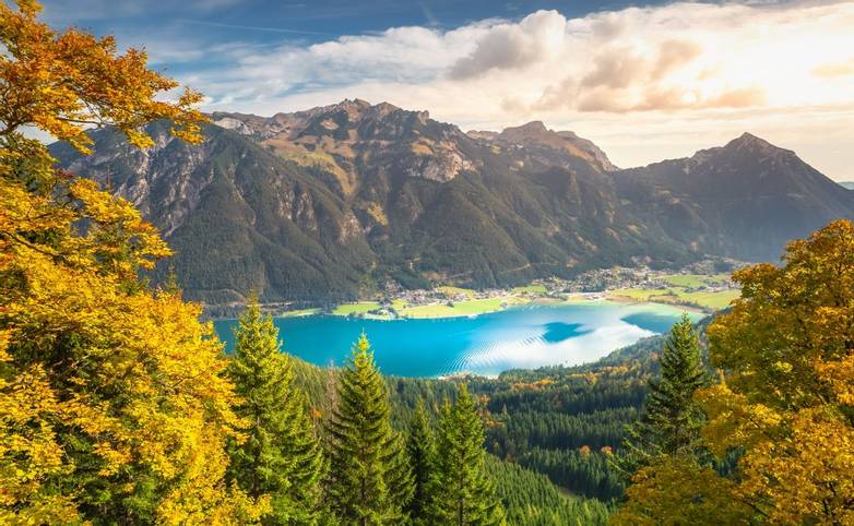 Turquoise Achensee lake near Innsbruck at peaceful and dramatic autumn, Tyrol alps, Austria