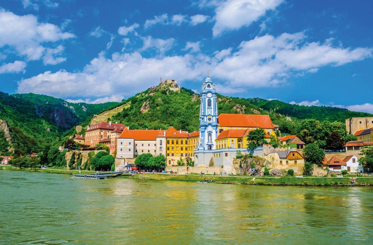 The medieval town of Durnstein along the Danube River in the picturesque Wachau Valley, a UNESCO World Heritage Site, in Low…