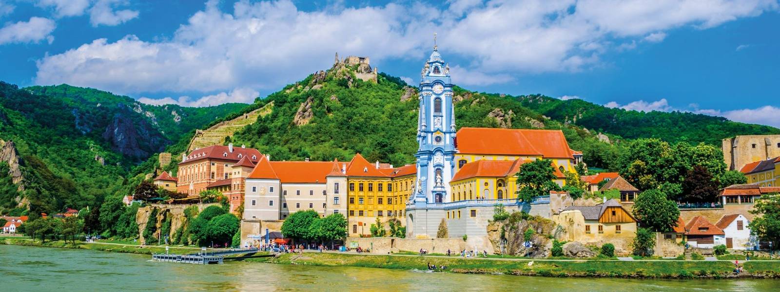 The medieval town of Durnstein along the Danube River in the picturesque Wachau Valley, a UNESCO World Heritage Site, in Low…