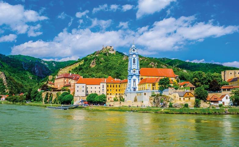 The medieval town of Durnstein along the Danube River in the picturesque Wachau Valley, a UNESCO World Heritage Site, in Low…