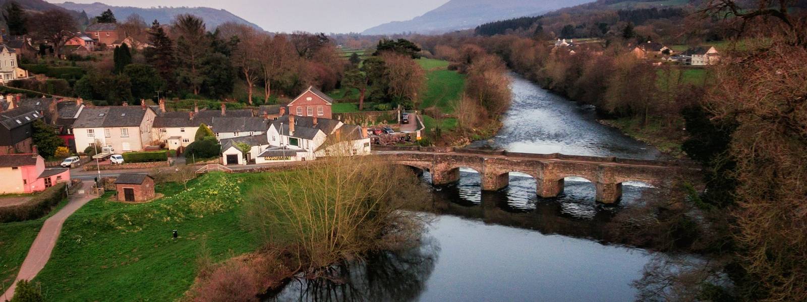 An aerial view of the Welsh Town Crickhowell and River Usk