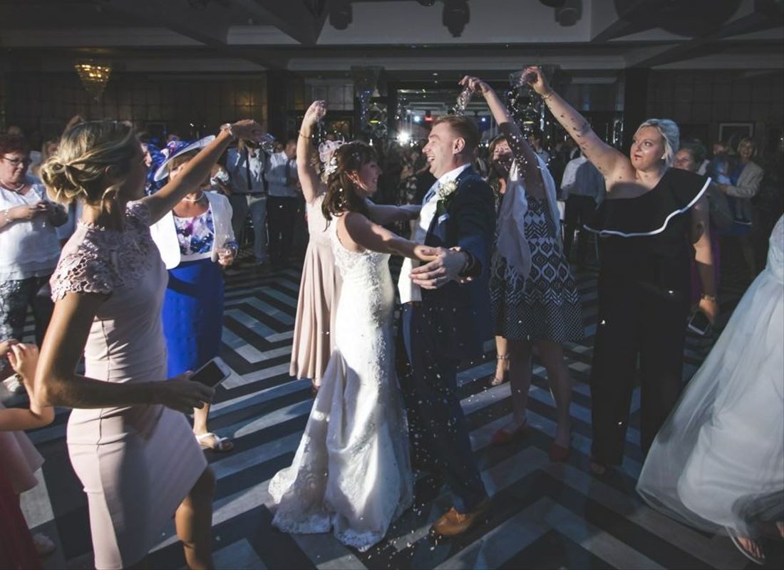 Wedding couple dancing on Gatsby ballroom wedding space dance floor