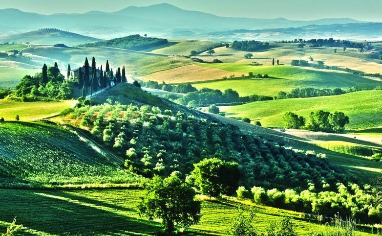 Landscape view of Val d'Orcia, Tuscany, Italy. UNESCO World Heritage Site