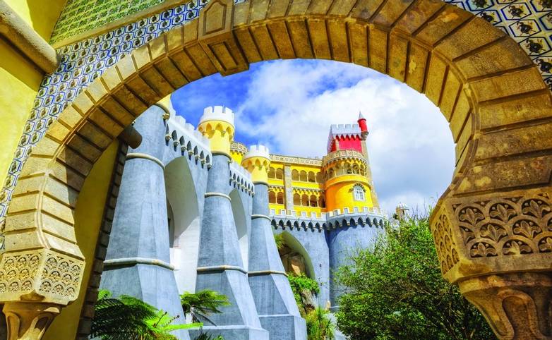 Pena palace, Sintra, Portugal, view through the entrance arch