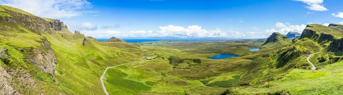 Wide panorama of Quiraing, one of the most famous landscape of Isle of Skye, Scotland, Britain