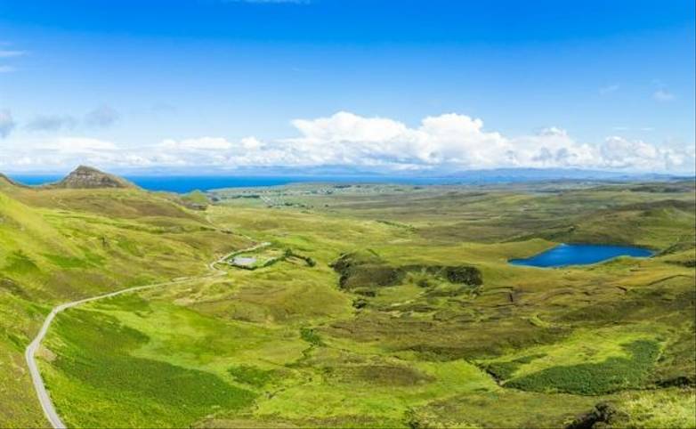 Wide panorama of Quiraing, one of the most famous landscape of Isle of Skye, Scotland, Britain