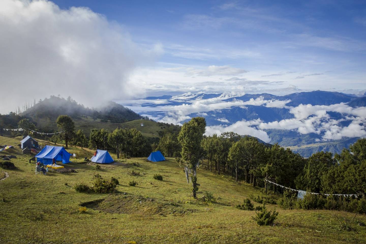 A camp set up on the sky high mountains of Bhutan