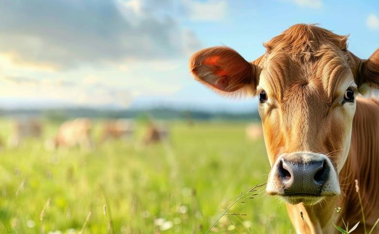 Innocent Jersey cow headshot in a green pasture with a herd and horizon in the background suitable as a copy space image