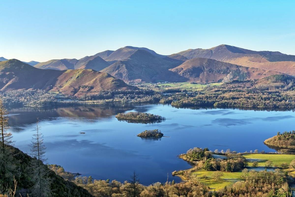 A view of Derwentwater and the Coledale Horeshoe from Walla Crag ona sunny winters day