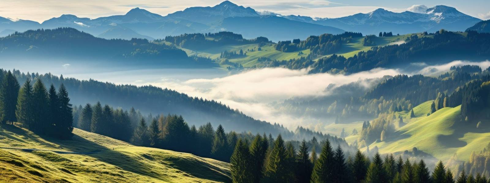 Wide panorama of mountain tops in atmospheric haze with dramatic clouds rising above surrounding Les Gets valley. Creative b…