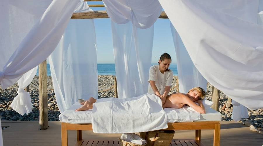 Beach yoga at Paradis Plage in Morocco