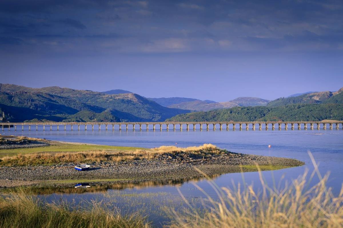 Barmouth Bridge on the Mawddach Estuary Barmouth Gwynedd Wales