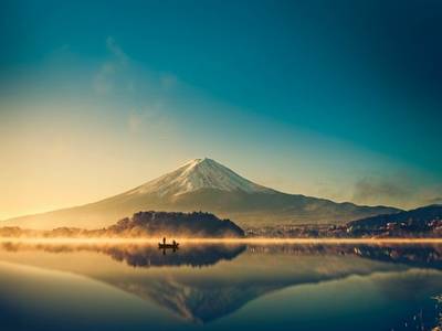 Mount fuji san at Lake kawaguchiko in japan on sunrise.  vintage tone