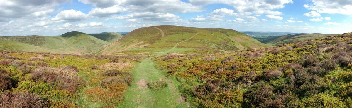 Panoramic shot of the Long Mynd area of Shropshire, England on a sunny day.