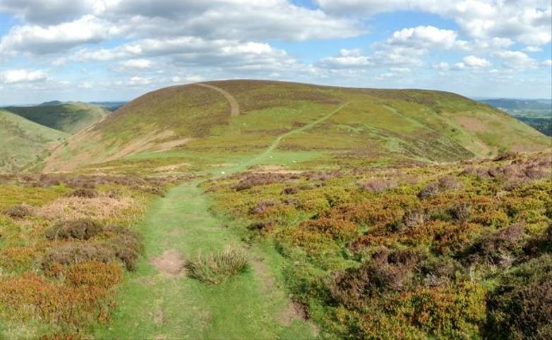 Panoramic shot of the Long Mynd area of Shropshire, England on a sunny day.