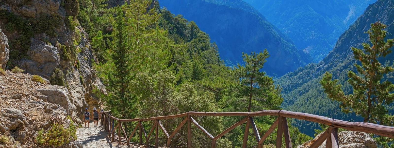 National Park of Samaria, Grecce, island Crete. Gorge Samaria. Magnificent view the top of the mountain. Forest path.