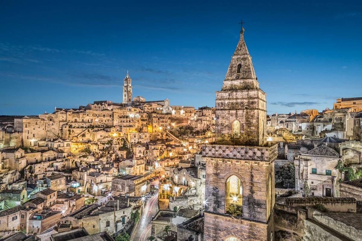 Ancient town of Matera at dusk, Basilicata, southern Italy