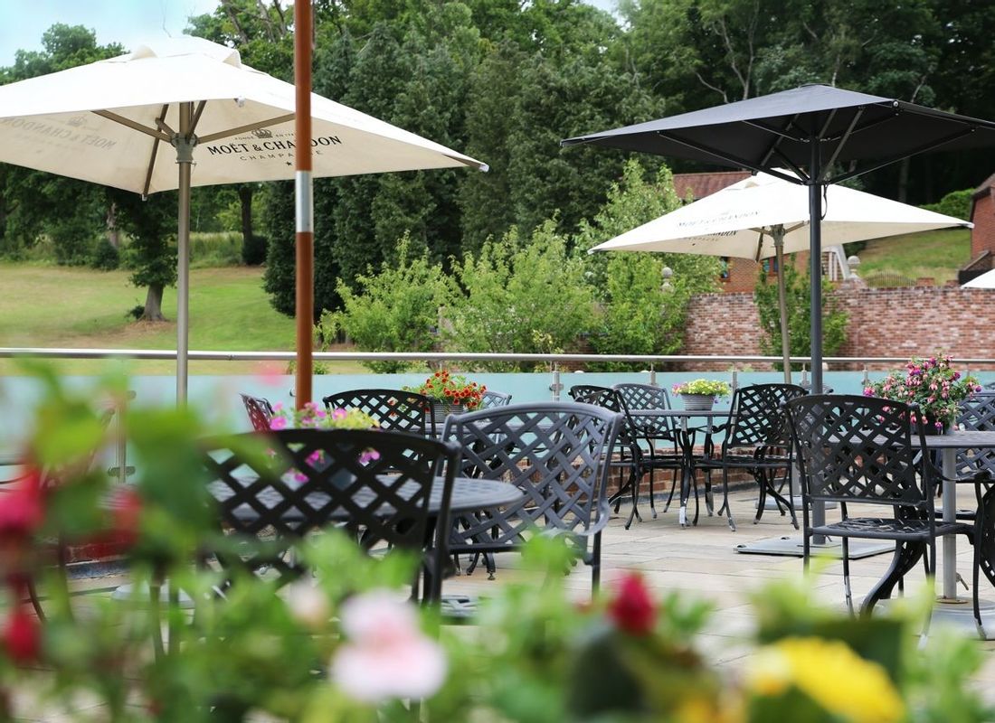 Outdoor sports bar terrace with summer flowers
