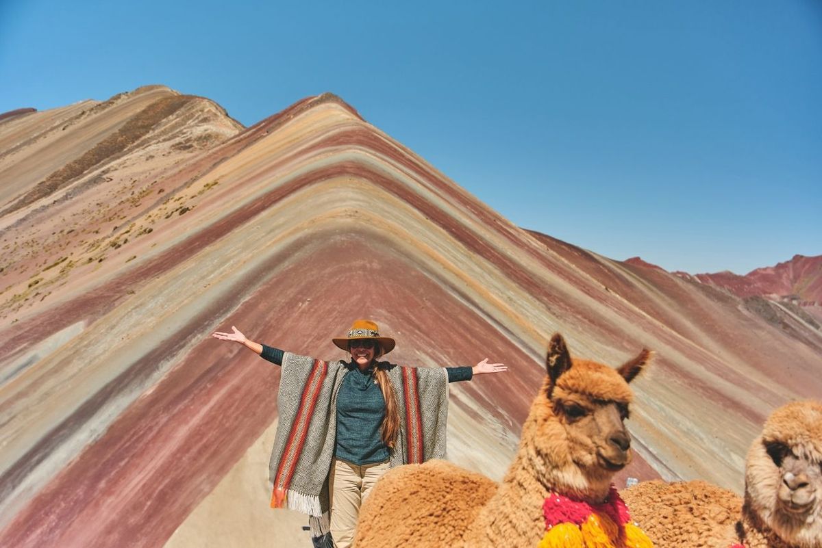 Hiking scene in Vinicunca, Cusco Region, Peru. Montana de Siete Colores, Rainbow Mountain. altitude of 5200 meters above sea…