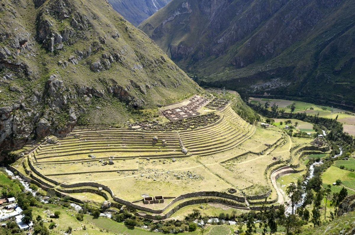 Ancient Llactapata Inca Ruins on the Inca Trail situated at the bottom of Urubamba valley with river
